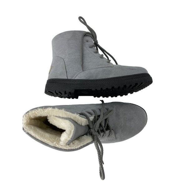 Womens SQL 9 Booties Boots Gray Faux Suede Lace Up Ankle Treaded Fur Lined 4037 - Picture 1 of 7